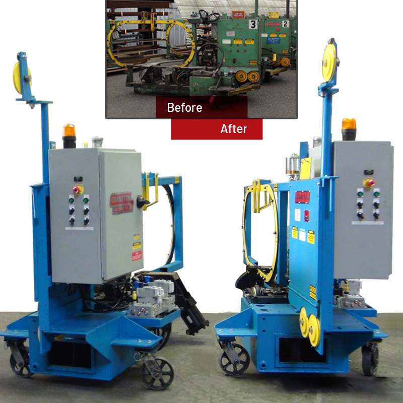 A refurbished machine is shown with a before and after comparison.